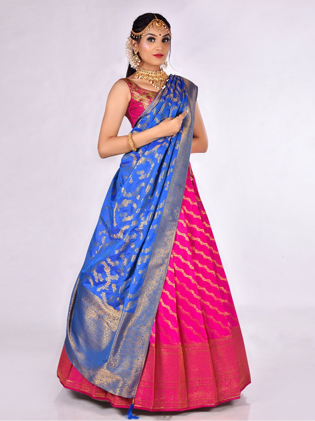 

HALFSAREE STUDIO Woven Design Semi-Stitched Lehenga & Unstitched Blouse With Dupatta, Pink