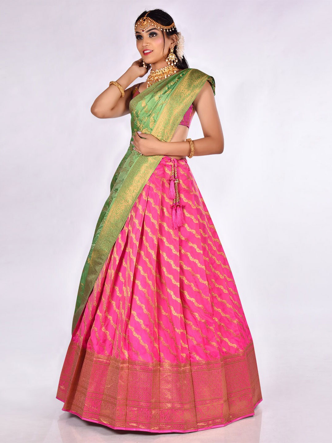 

HALFSAREE STUDIO Woven Design Semi-Stitched Lehenga & Unstitched Blouse With Dupatta, Pink