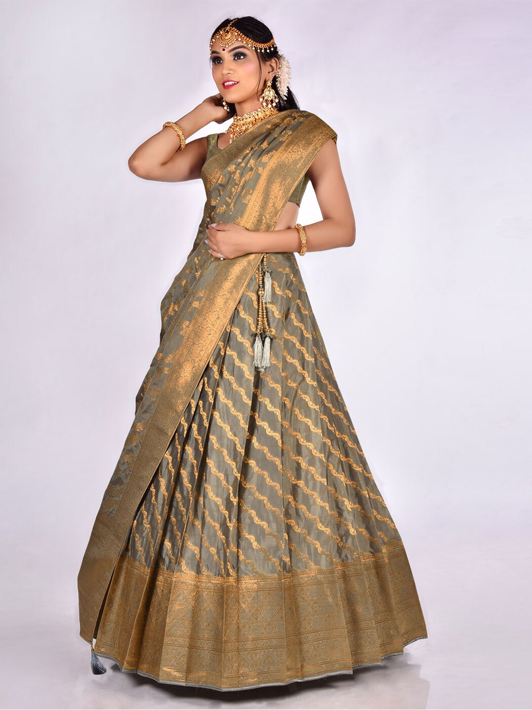 

HALFSAREE STUDIO Woven Design Semi-Stitched Lehenga & Unstitched Blouse With Dupatta, Grey