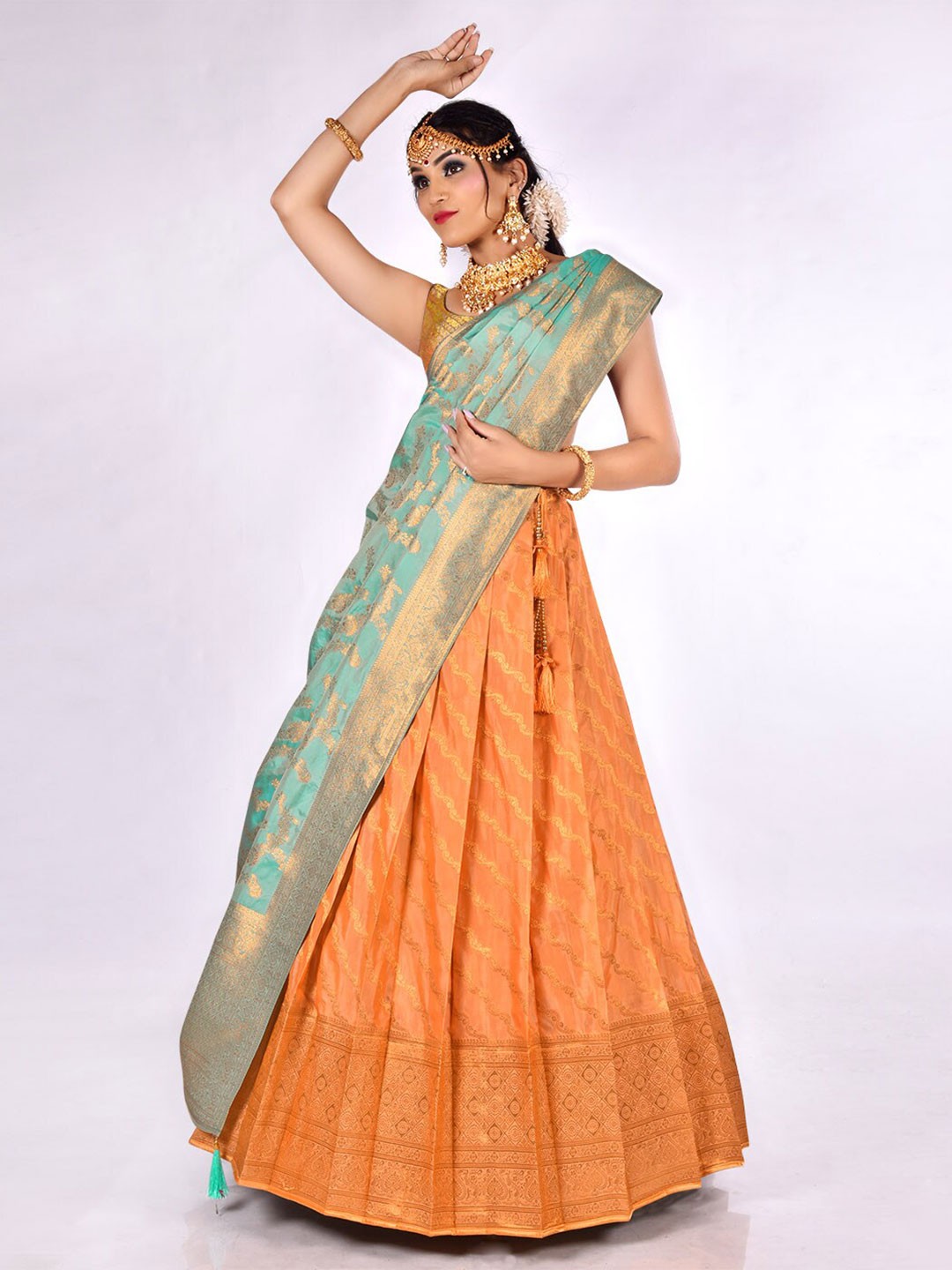 

HALFSAREE STUDIO Woven Design Semi-Stitched Lehenga & Unstitched Blouse With Dupatta, Orange