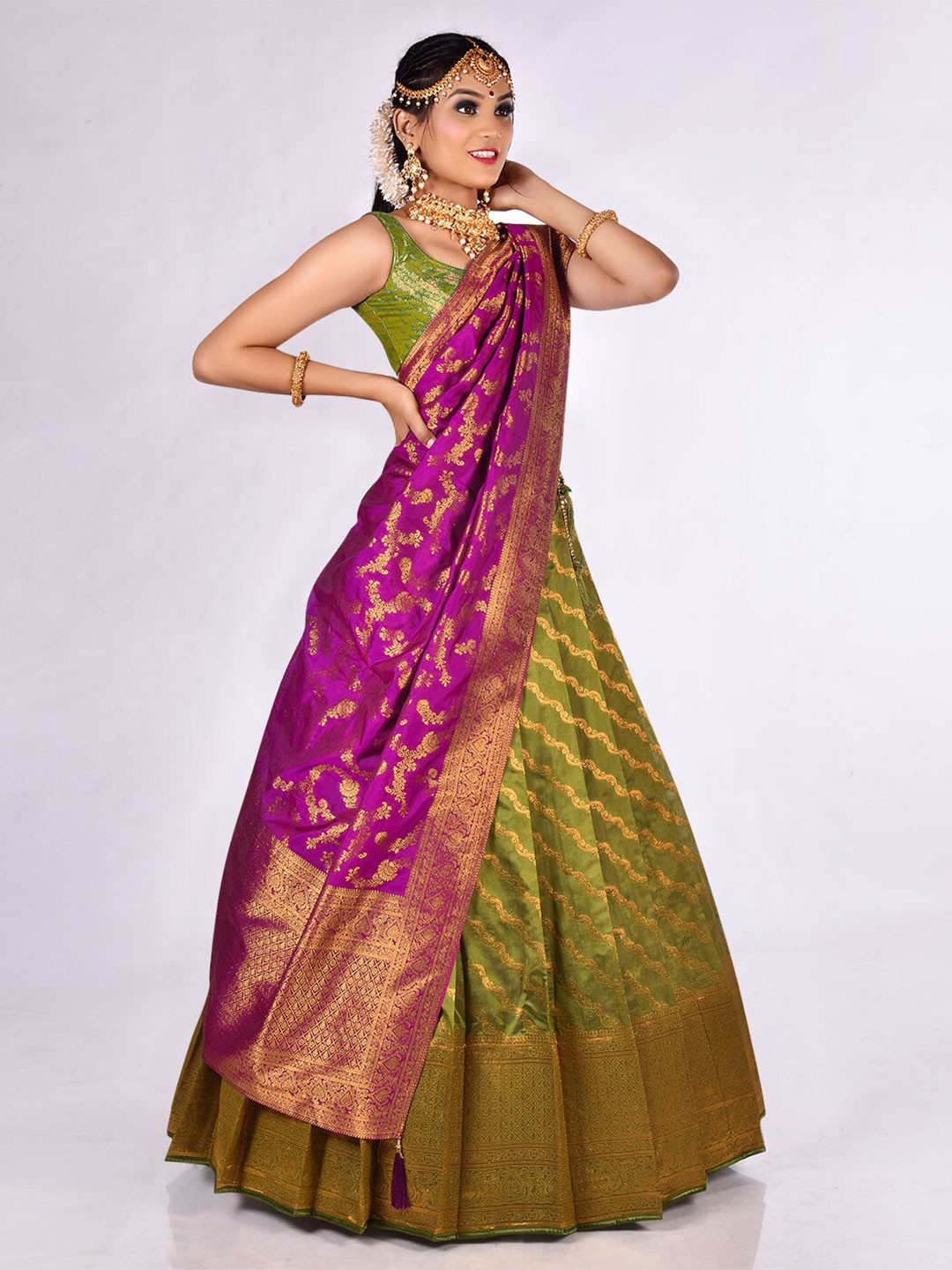 

HALFSAREE STUDIO Woven Design Semi-Stitched Lehenga & Unstitched Blouse With Dupatta, Olive