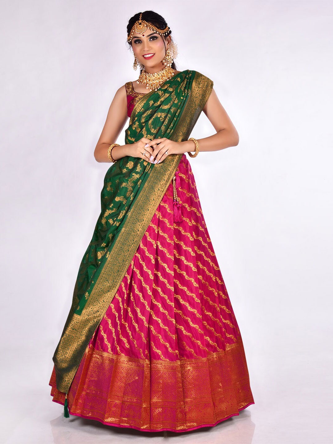 

HALFSAREE STUDIO Woven Design Semi-Stitched Lehenga & Unstitched Blouse With Dupatta, Pink