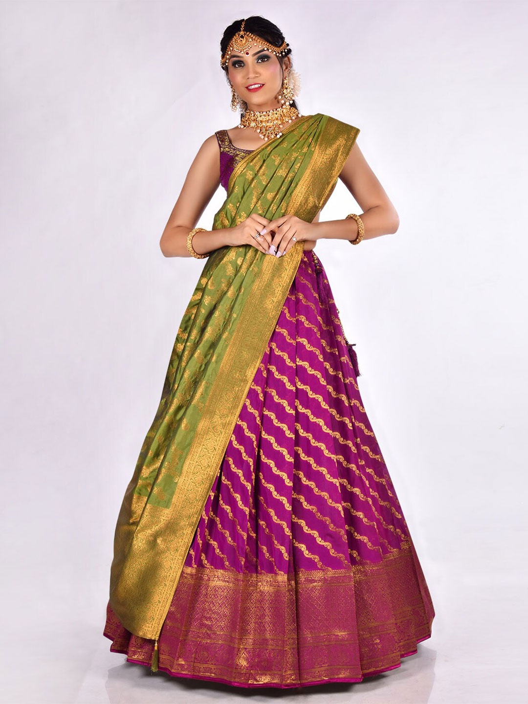 

HALFSAREE STUDIO Semi Stitched Lehenga & Unstitched Blouse With Dupatta, Burgundy