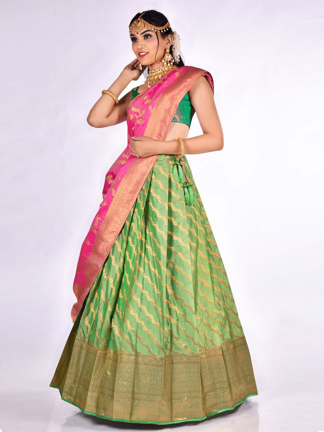 

HALFSAREE STUDIO Woven Design Semi-Stitched Lehenga & Unstitched Blouse With Dupatta, Green