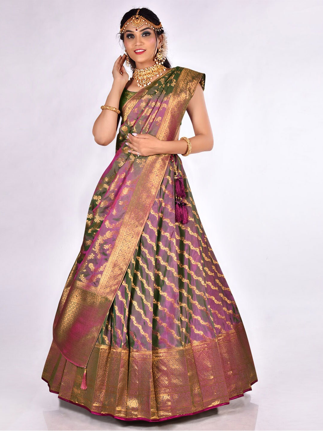 

HALFSAREE STUDIO Woven Design Semi-Stitched Lehenga & Unstitched Blouse With Dupatta, Purple