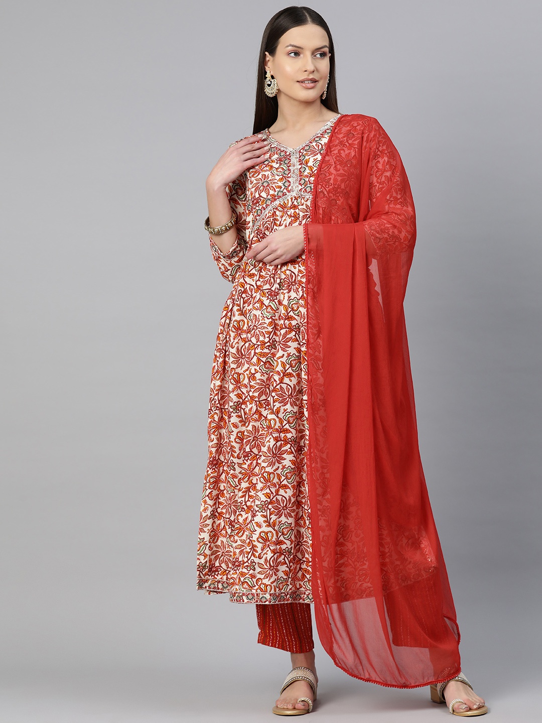 Readiprint Floral Printed Empire Sequinned Kurta with Trousers & Dupatta, Red