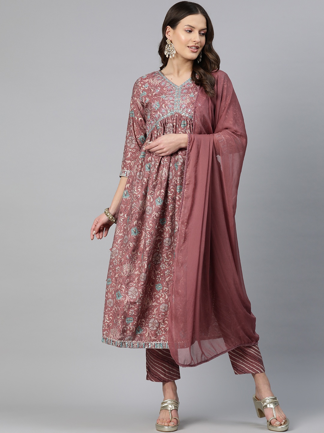 

Readiprint Fashions Floral Printed Empire Sequinned Chanderi Silk Kurta Set, Mauve