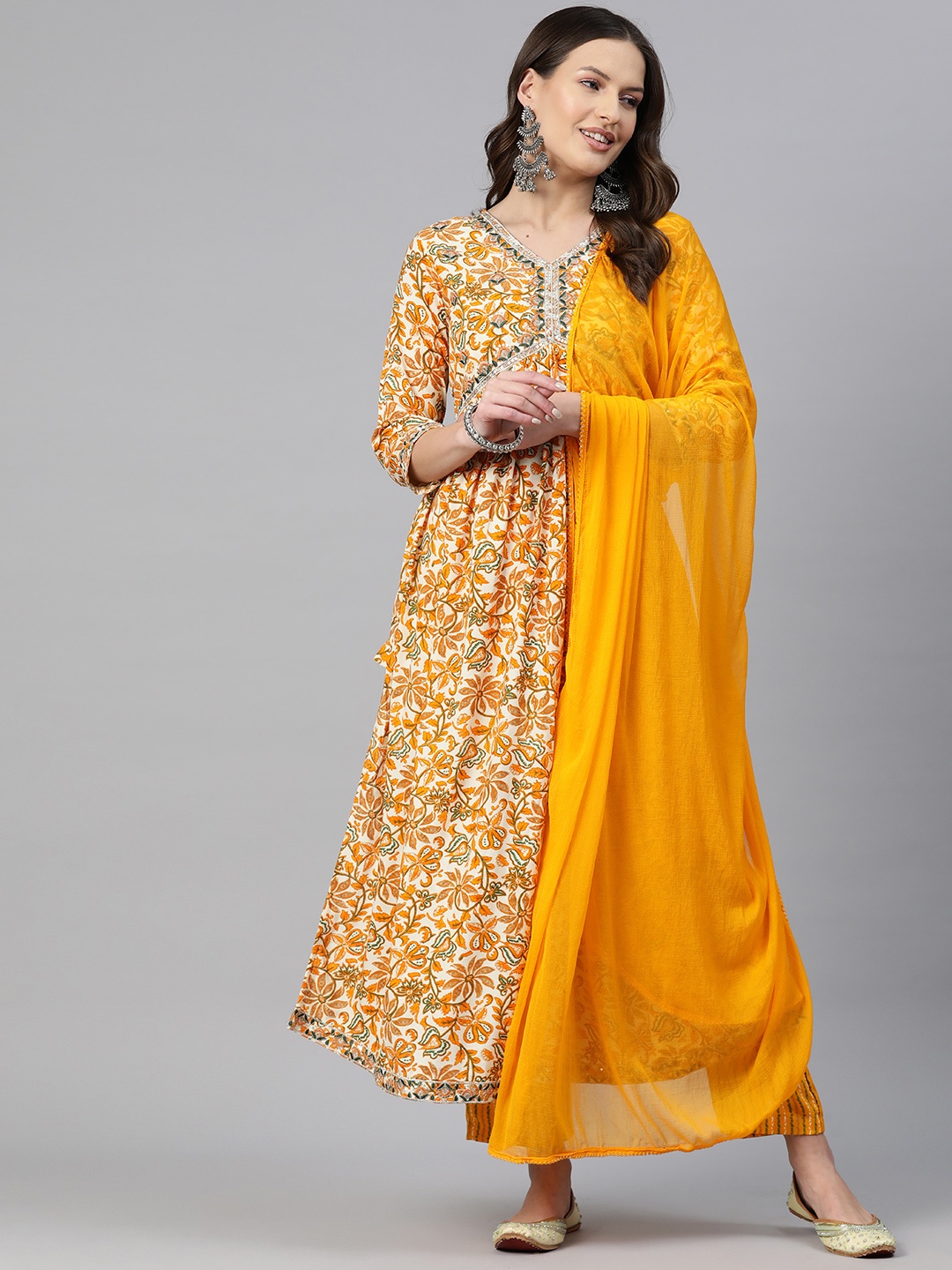 

Readiprint Fashions Floral Printed Empire Sequinned Kurta with Trousers & Dupatta, Mustard