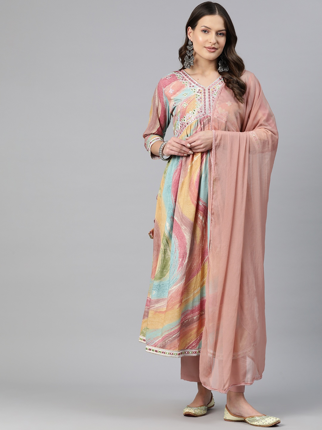 

Readiprint Fashions Printed Empire Mirror Work Kurta with Trousers & Dupatta, Mauve