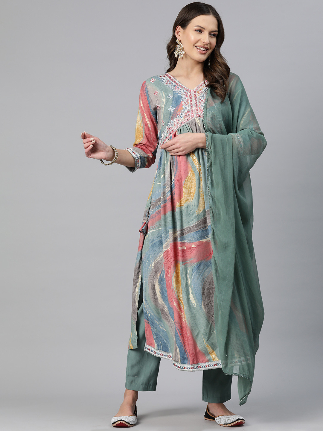 

Readiprint Fashions Women Printed Empire Mirror Work Kurta with Trousers & Dupatta, Green