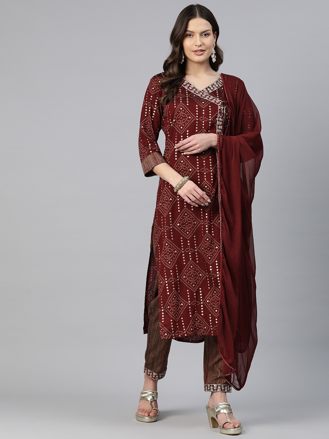 

Readiprint Fashions Bandhani Printed Angrakha Sequinned Kurta with Trousers & Dupatta, Maroon