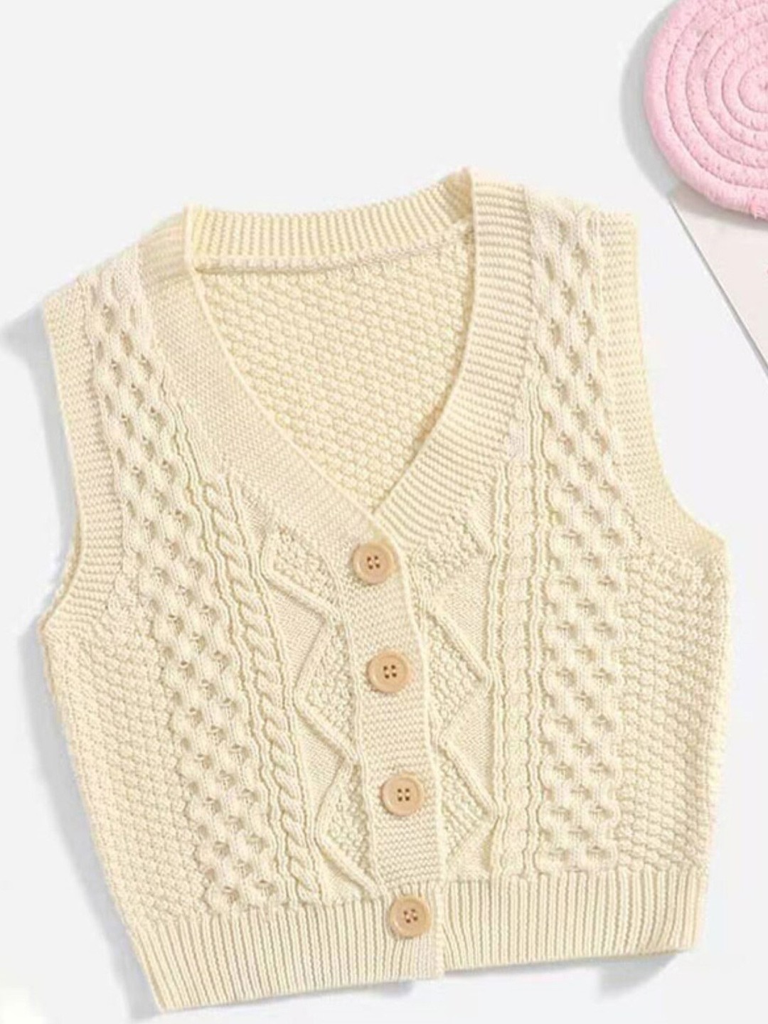 

StyleCast Boys Self Design V-Neck Sleeveless Acrylic Cable Knit Sweaters, Beige