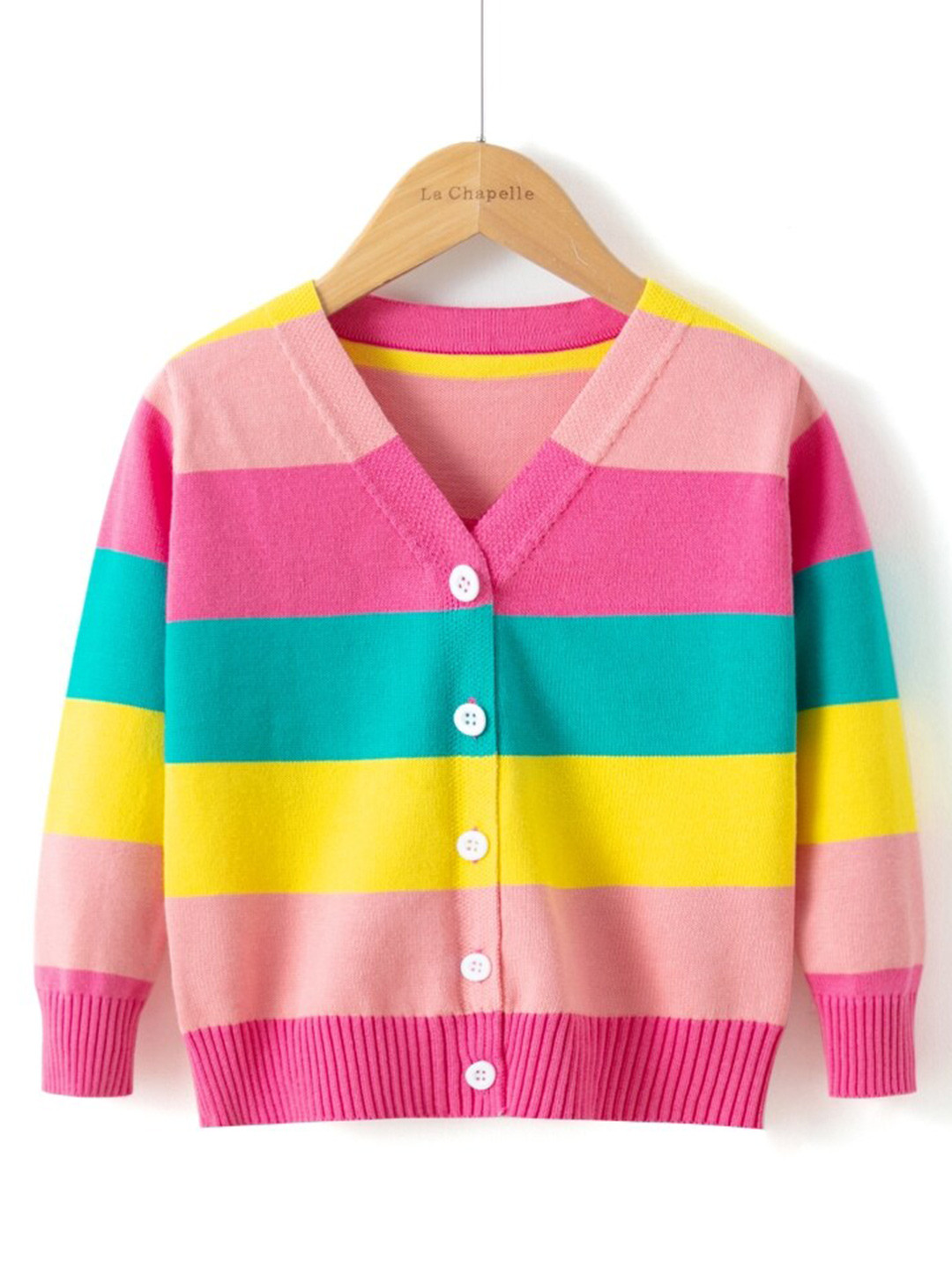 

StyleCast Pink & Yellow Girls Colourblocked V-Neck Cotton Cardigan Sweater