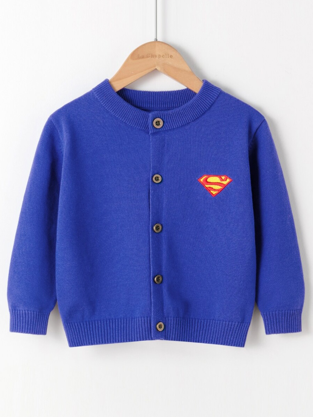 

StyleCast Girls Blue Round Neck Cotton Cardigan Sweater With Supergirl Embroidered