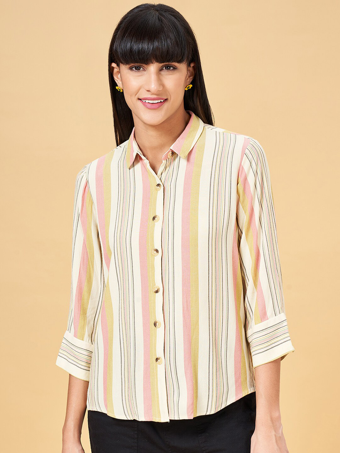 

Honey by Pantaloons Multi Striped Spread Collar Casual Shirt, Cream