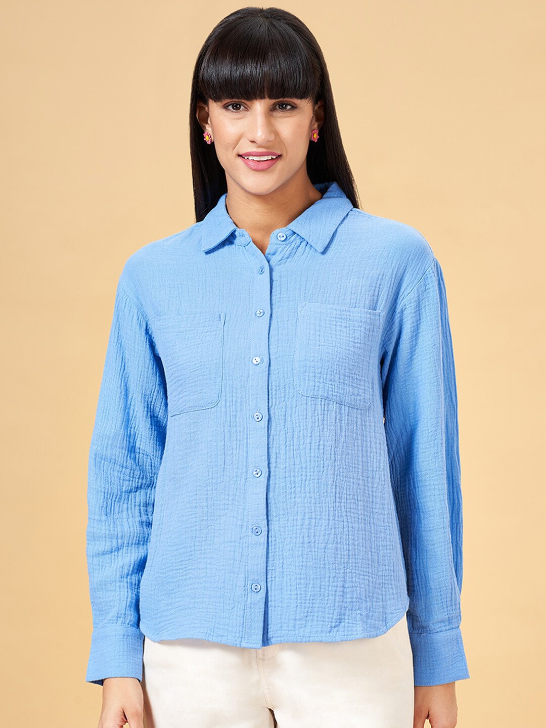 

Honey by Pantaloons Spread Collar Pure Cotton Casual Shirt, Blue