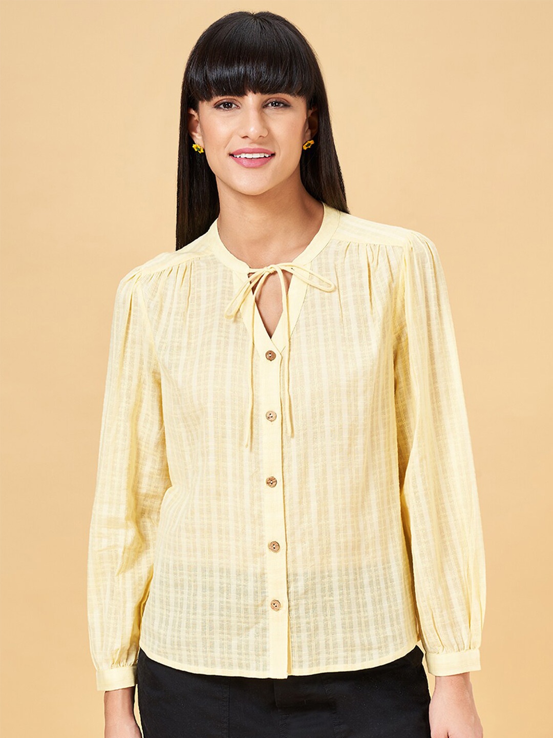

Honey by Pantaloons Striped Tie Up Neck Pure Cotton Shirt Style Top, Yellow