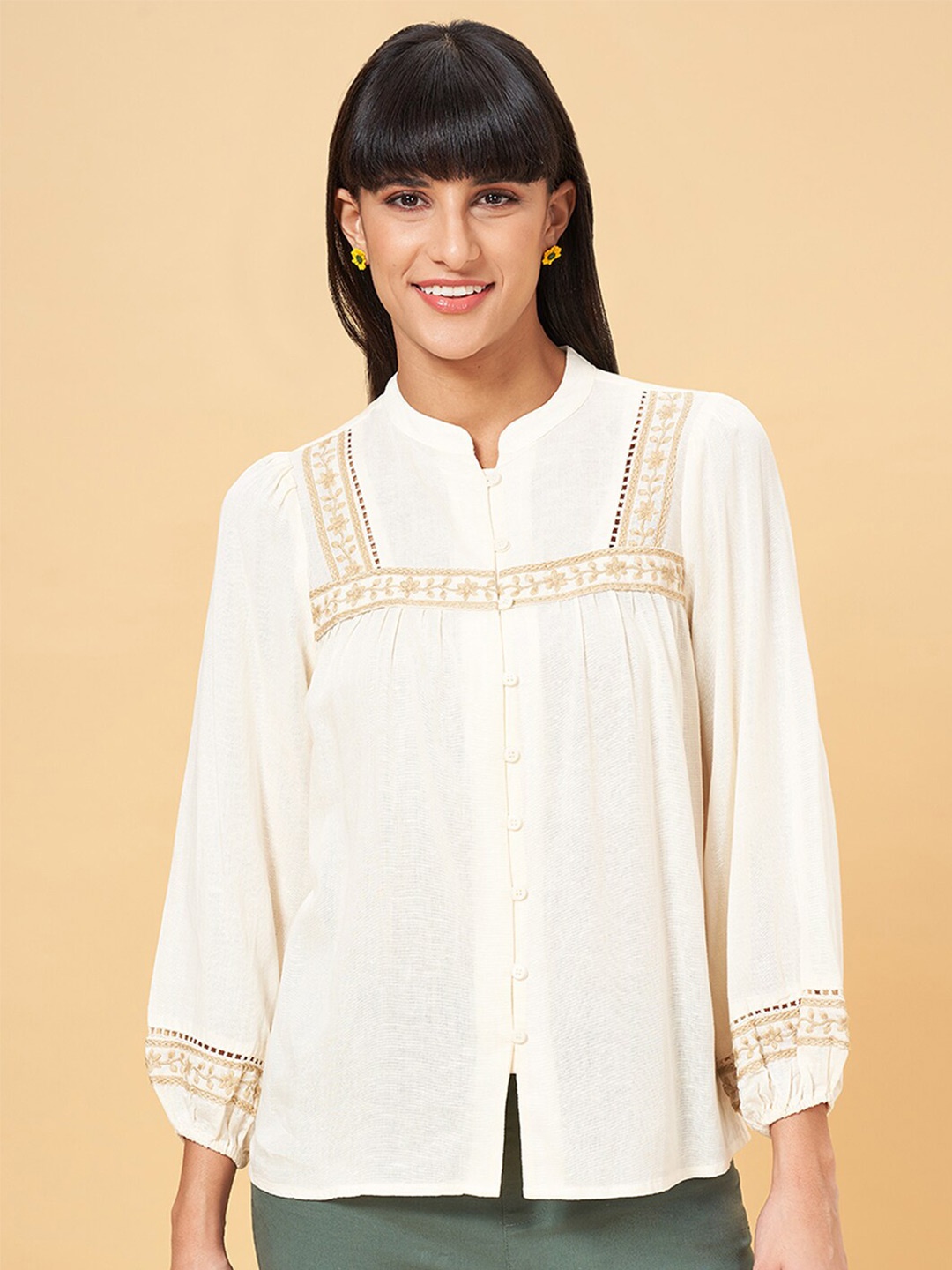 

Honey by Pantaloons Floral Embroidered Mandarin Collar Puff Sleeve Shirt Style Top, Cream