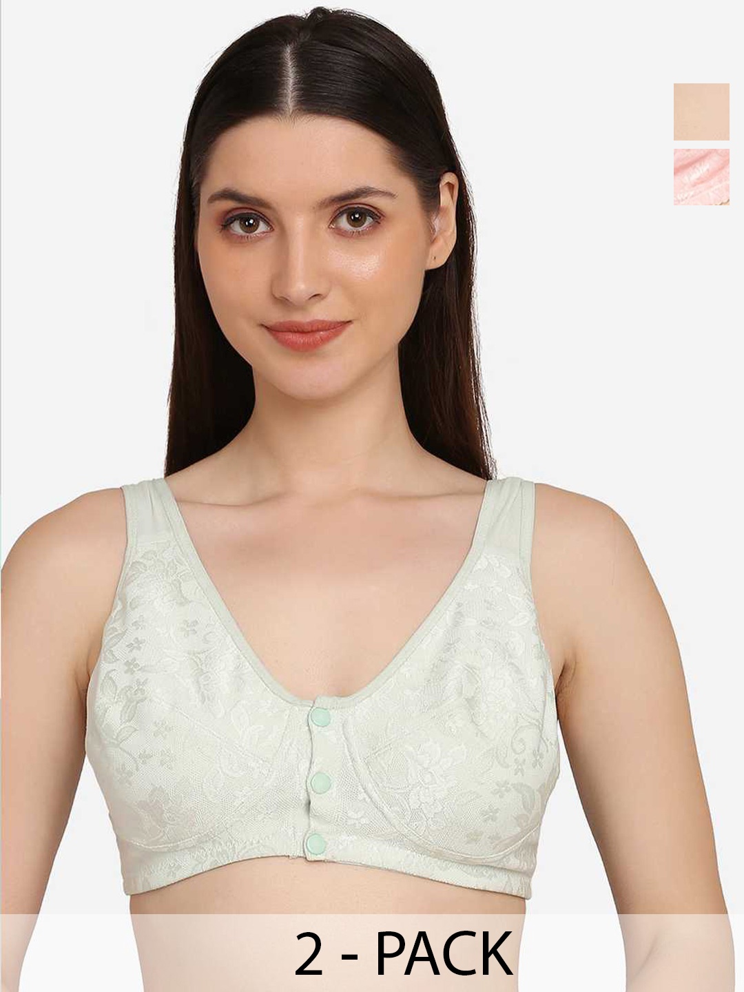 

Curvy Love Pack Of 2 Self Design Non Wired Non Padded Anti Microbial Cotton Maternity Bra, Green