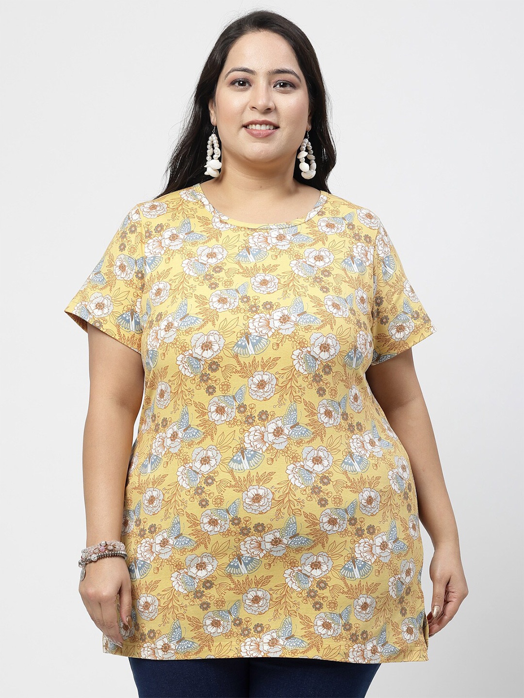 

plusS Plus Size Floral Printed Cotton T-shirt, Yellow