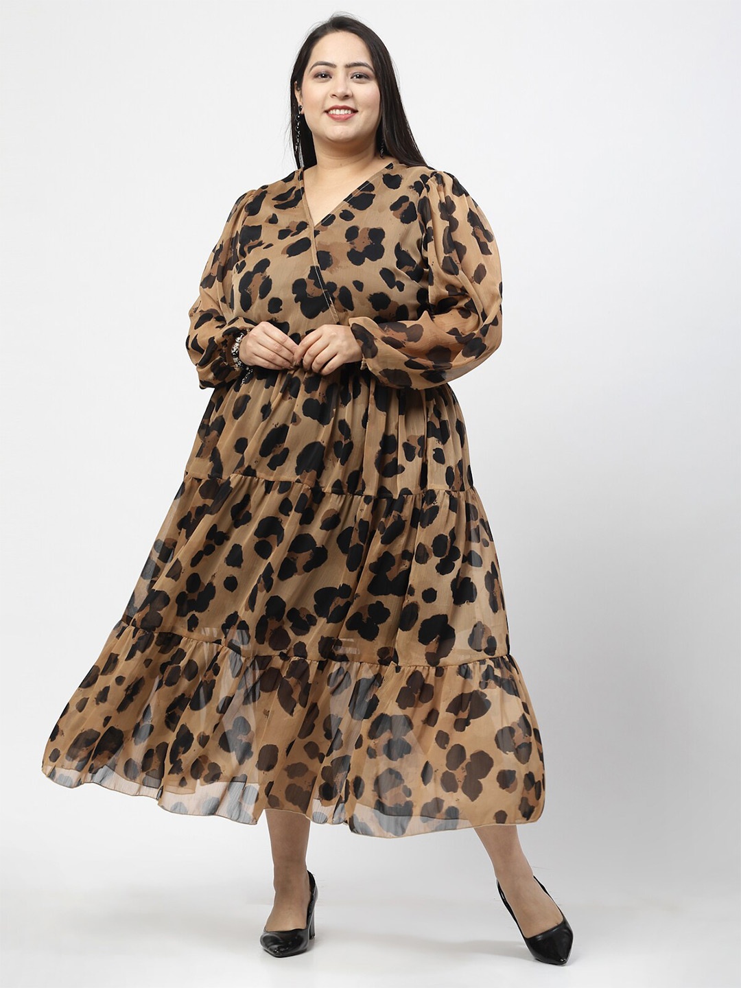 

plusS Plus Size Brown Animal Printed V-Neck Puff Sleeve Fit & Flare Midi Dress