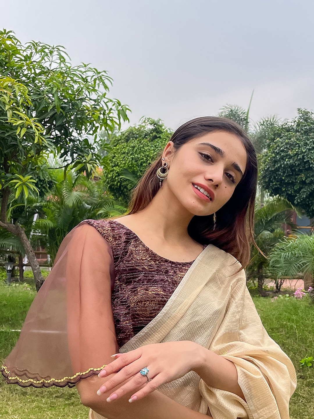

Bindigasm's Advi Embellished Bell Sleeves Stretchable Velvet Saree Blouse, Coffee brown