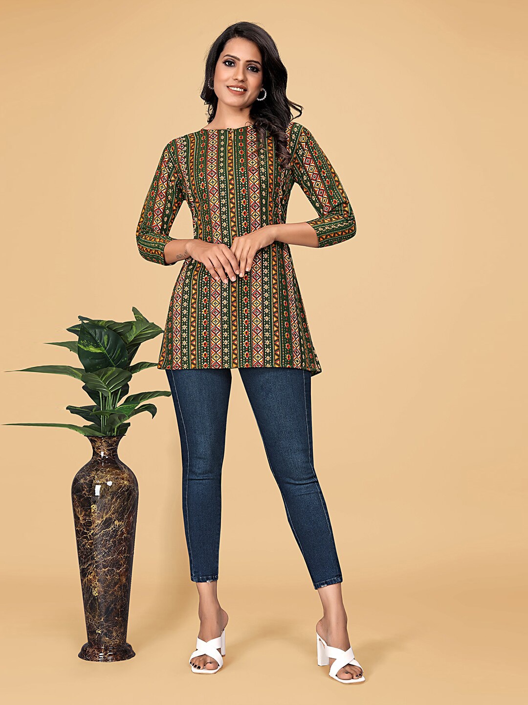 

BAESD Geometric Printed Pure Cotton Tunic, Green
