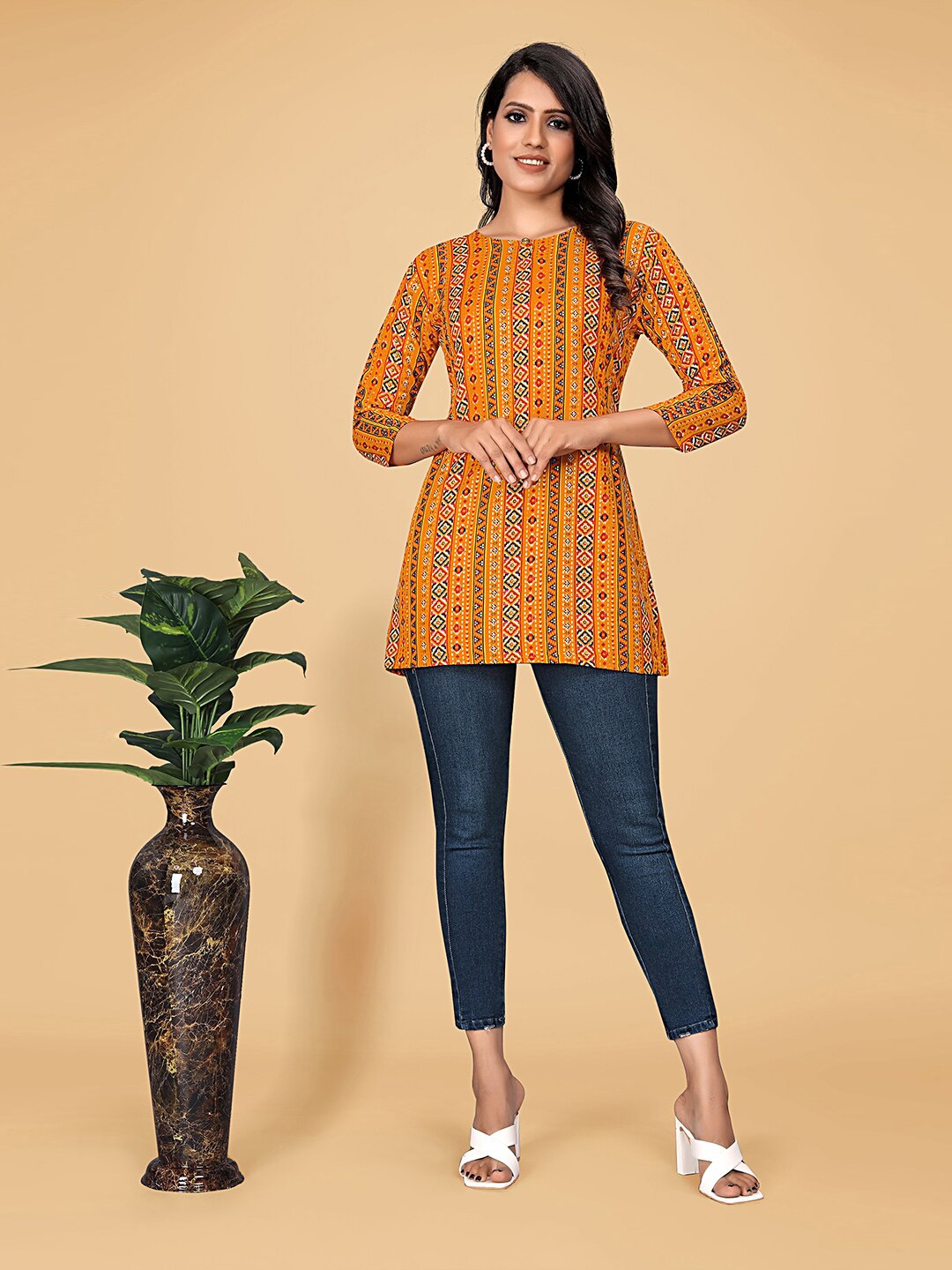 

BAESD Print Puff Sleeve Cotton Empire Top, Yellow