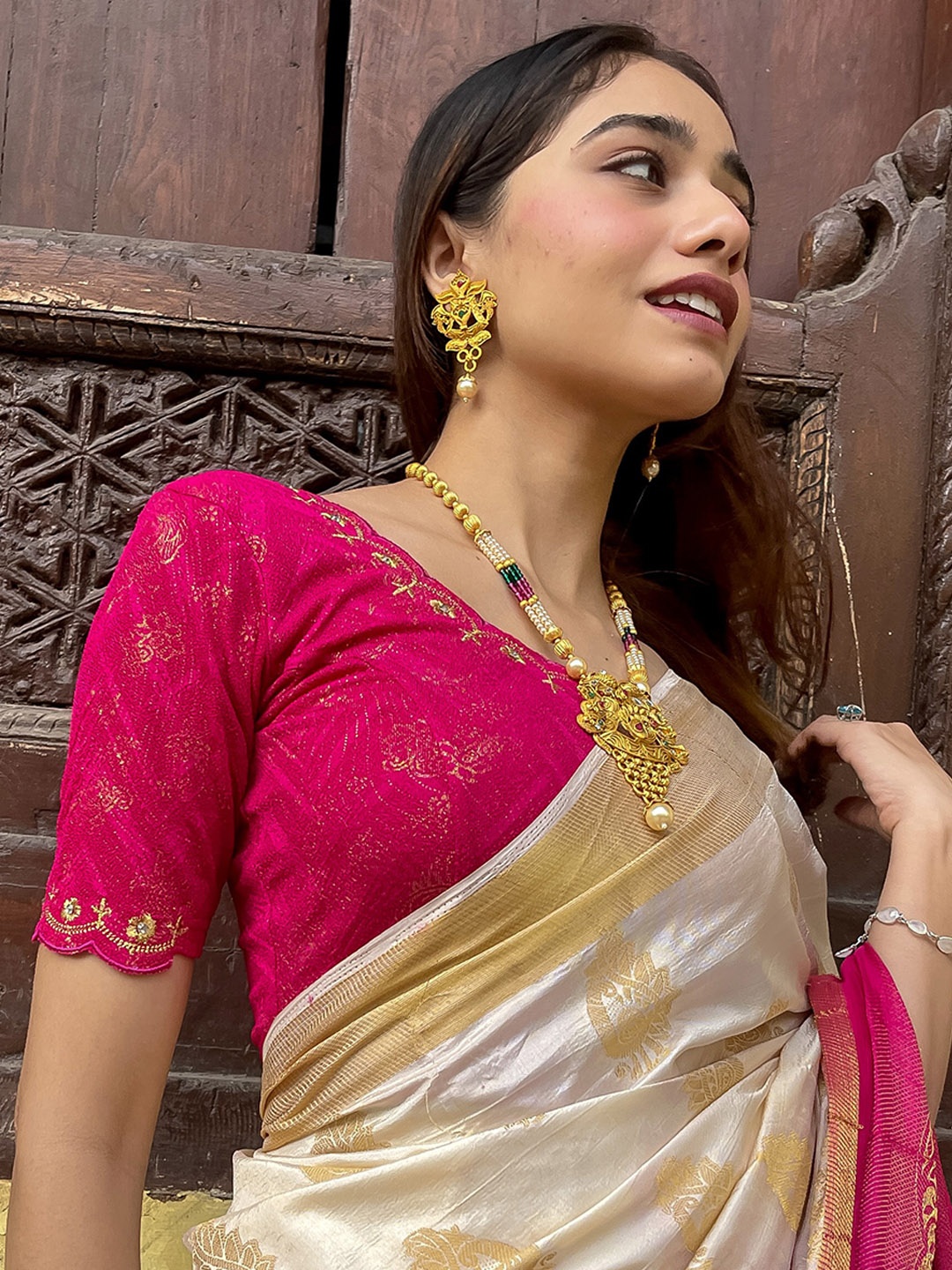 

Bindigasm's Advi Embroidered Stretchable Saree Blouse, Pink