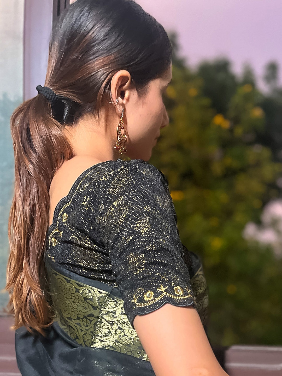 

Bindigasm's Advi Embroidered Stretchable Jacquard Saree Blouse, Black