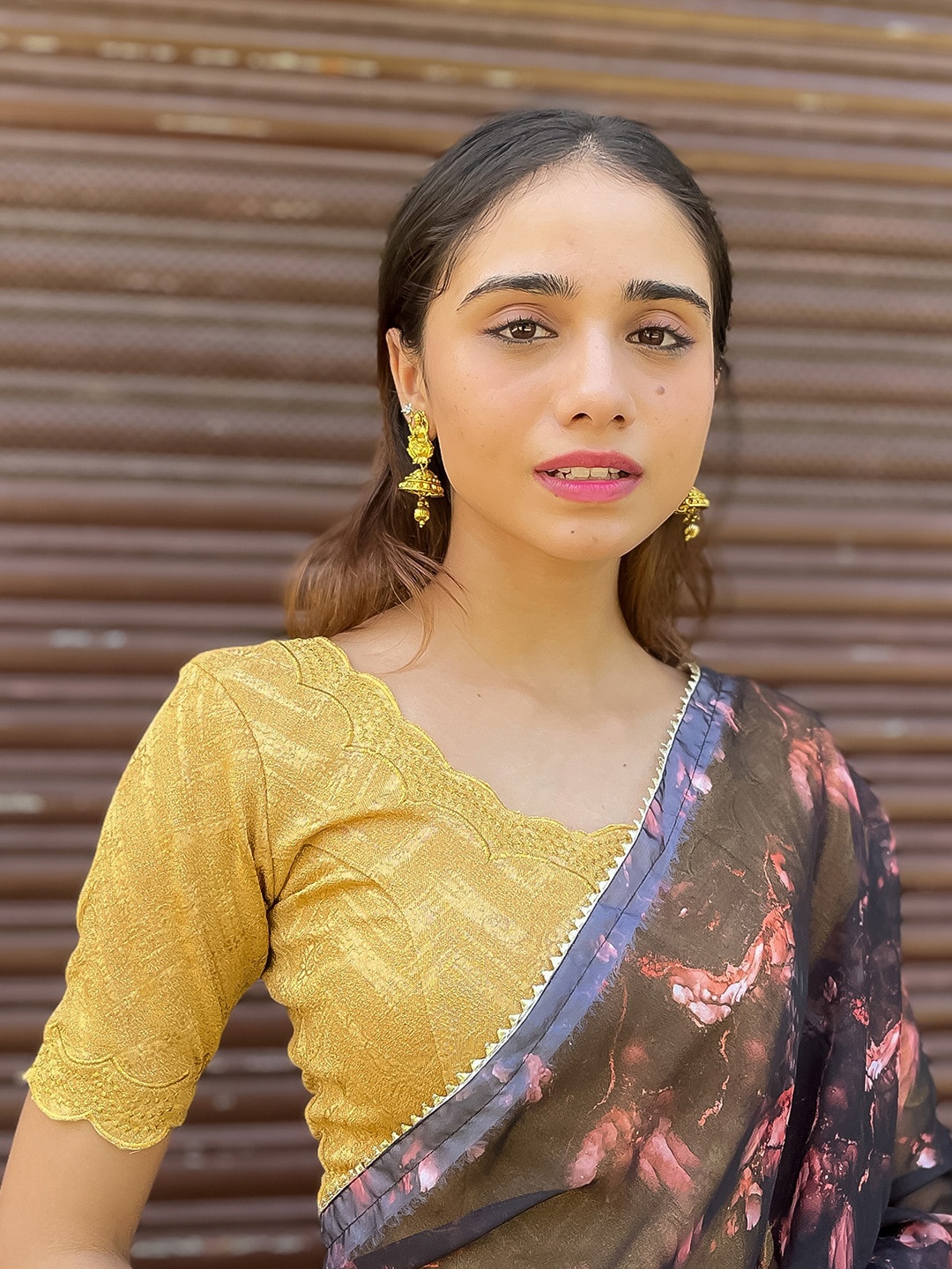 

Bindigasm's Advi Embroidered Stretchable Jacquard Saree Blouse, Mustard