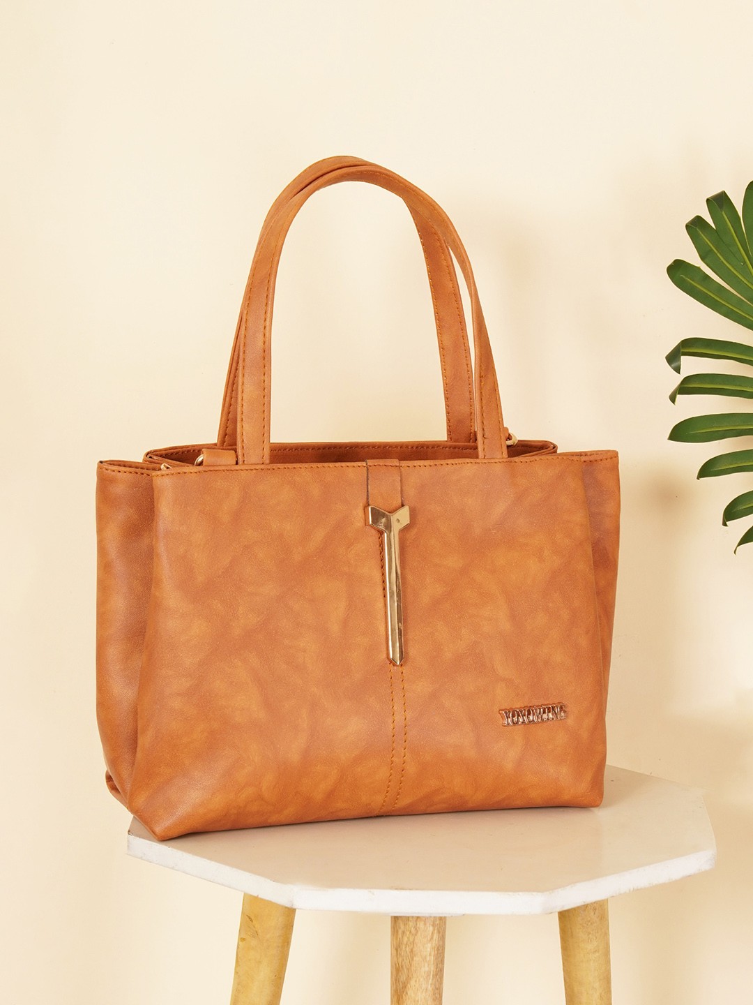 

YOYOWING Abstract Printed Structured Handheld Bag, Tan
