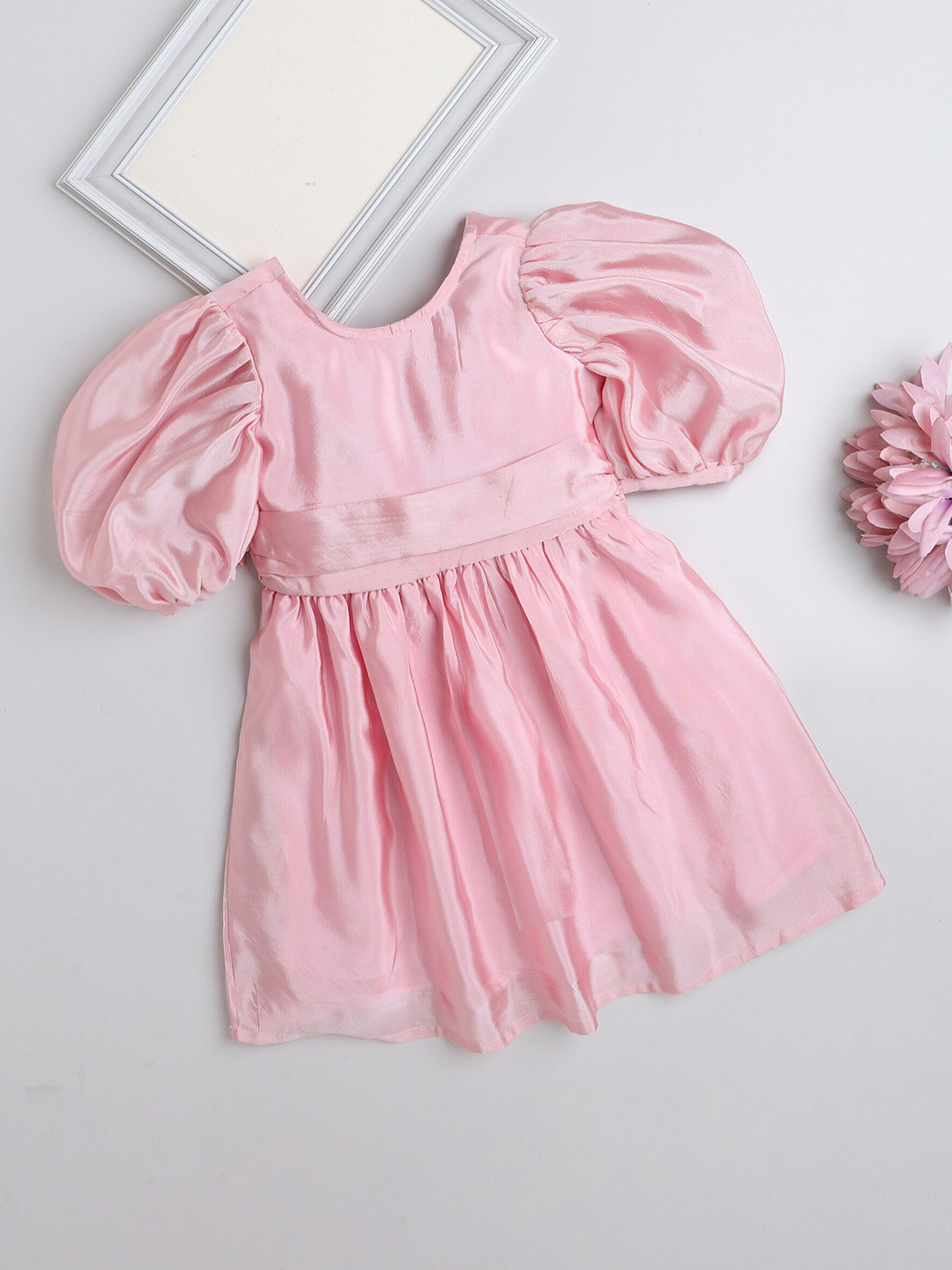 

The Magic Wand Girls Round Neck Puff Sleeve Bow Fit & Flare Dress, Pink