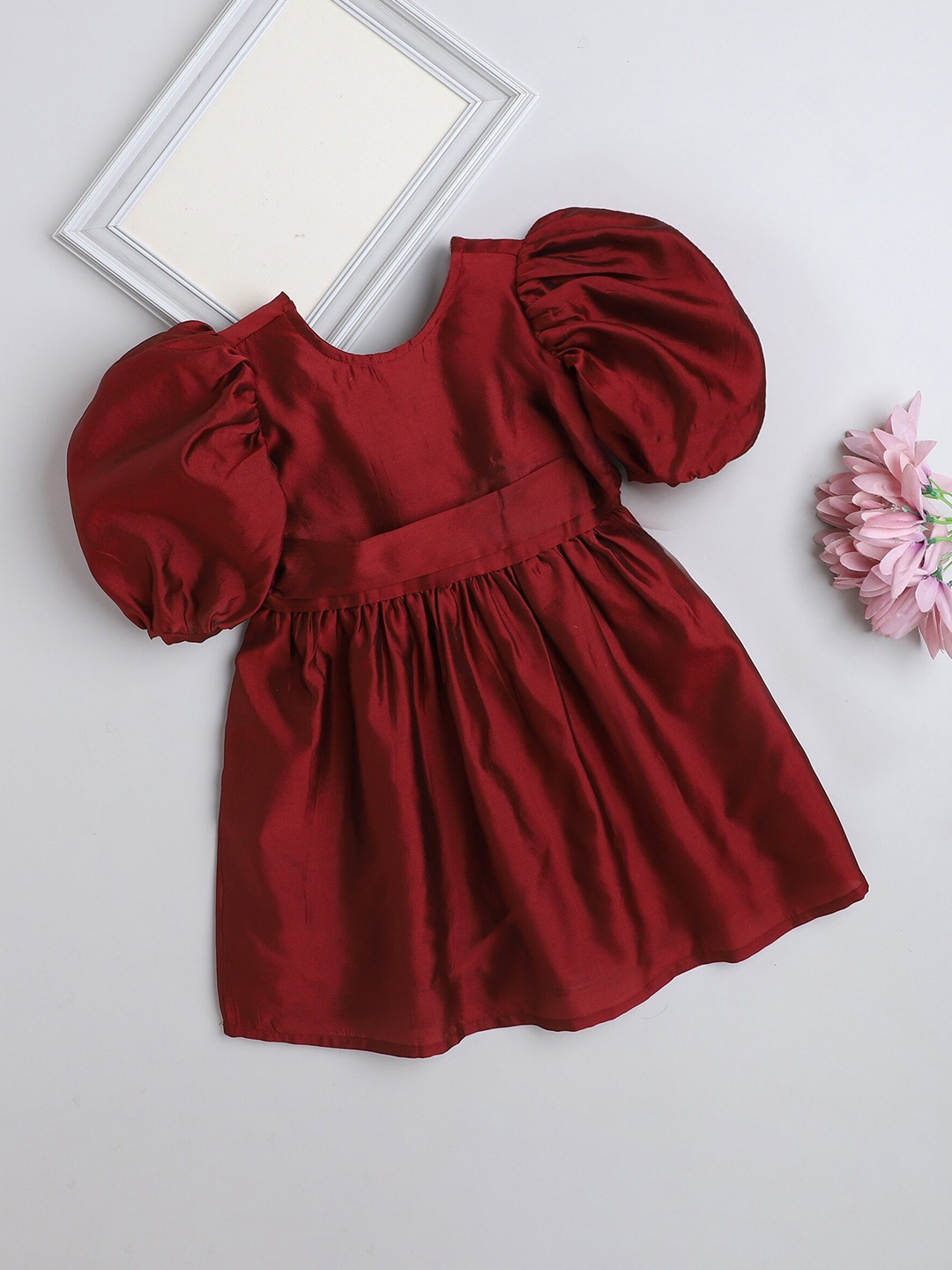 

The Magic Wand Girls Round Neck Puff Sleeve Bow Fit & Flare Dress, Maroon