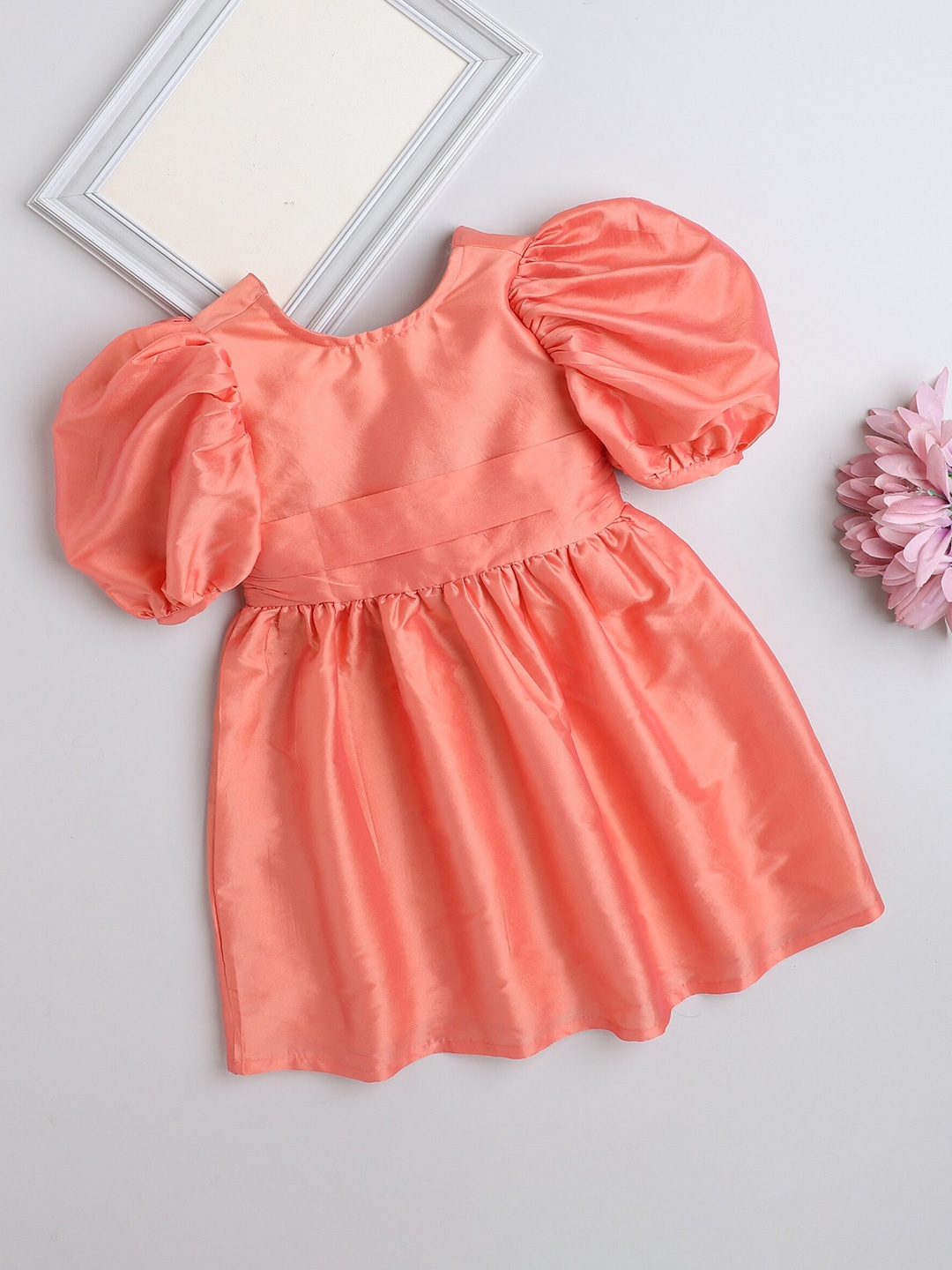 

The Magic Wand Girls Round Neck Puff Sleeve Bow Fit & Flare Dress, Peach