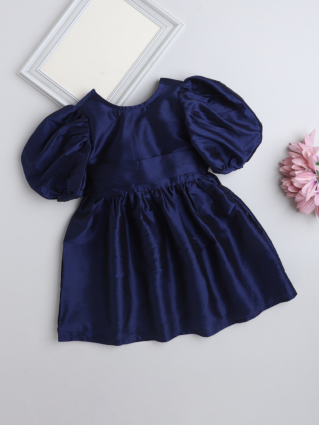 

The Magic Wand Girls Round Neck Puff Sleeve Bow Fit & Flare Dress, Navy blue