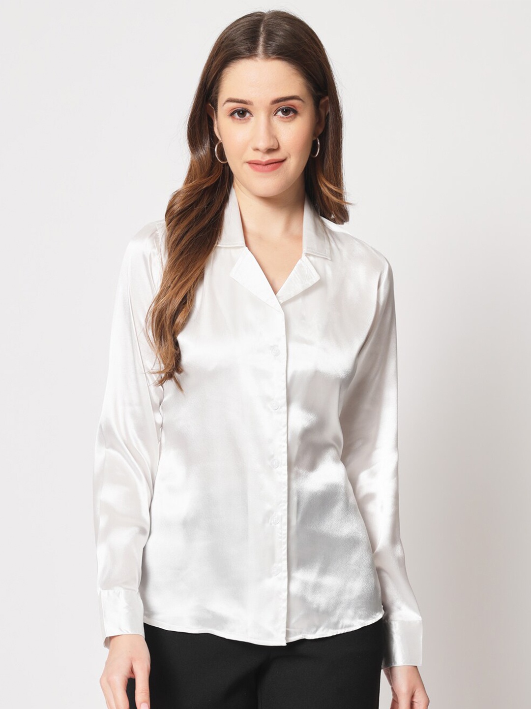 

CHARMGAL Cuban Collar Classic Casual Satin Shirt, White