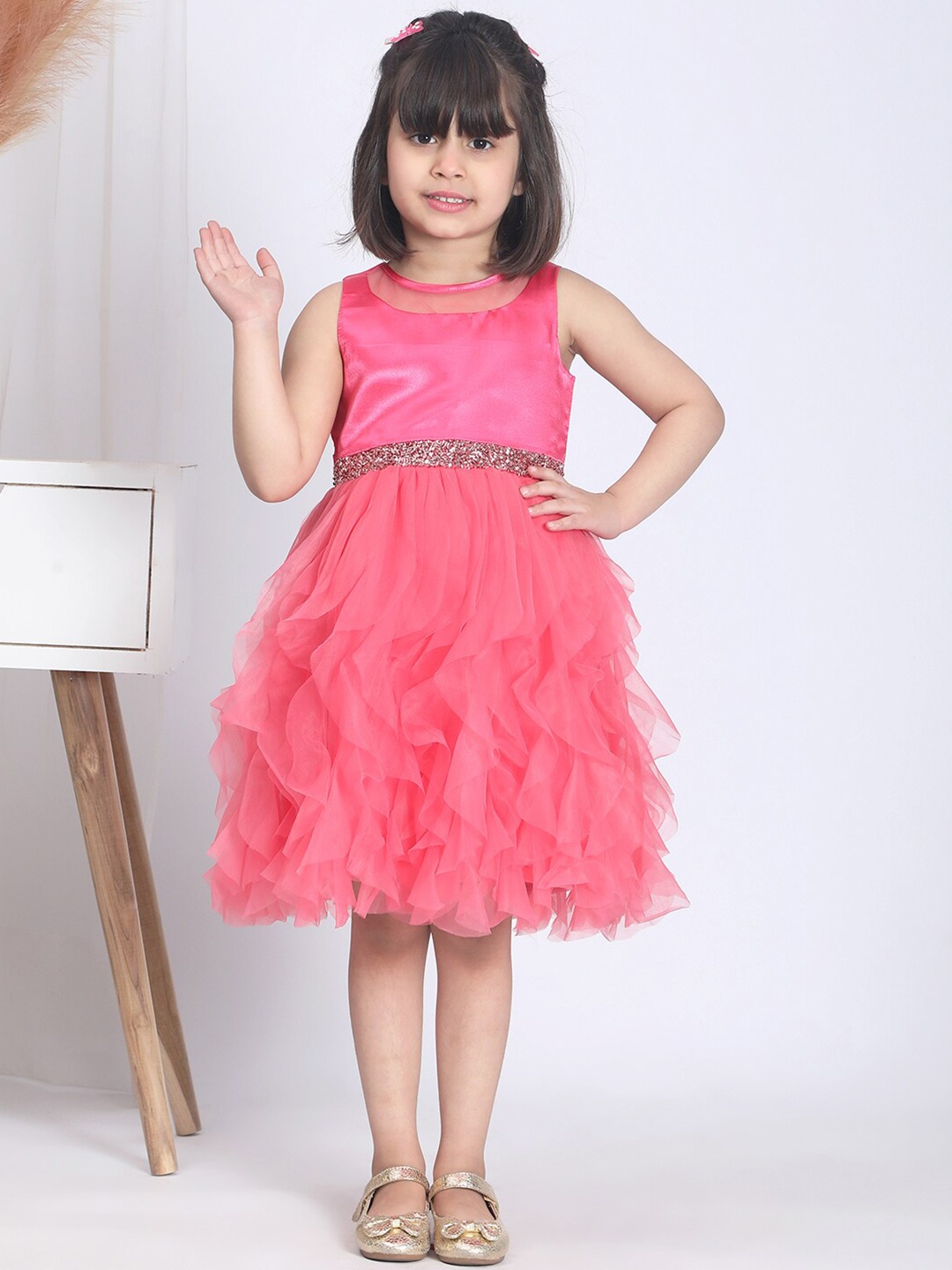

Toy Balloon kids Girls Round Neck Sequined Tulle Balloon Dress, Pink