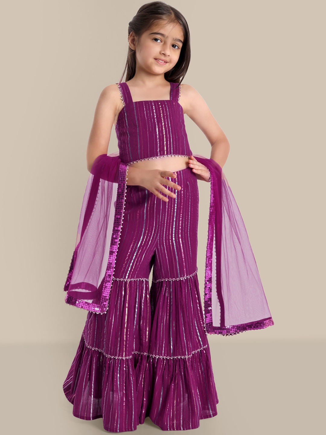 

The Tribe Kids Striped Shoulder Straps Sleeveless Top & Sharara Set With Dupatta, Purple