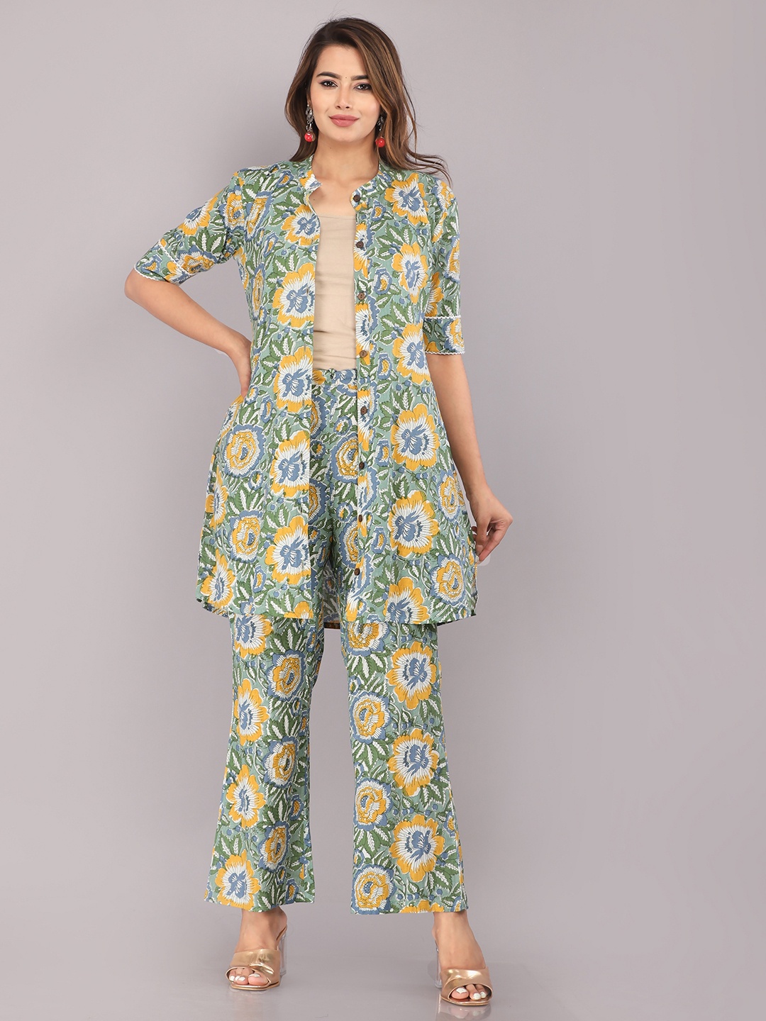 

KANNAHI Floral Printed Mandarin Collar Pure Cotton Tunic & Trousers, Green