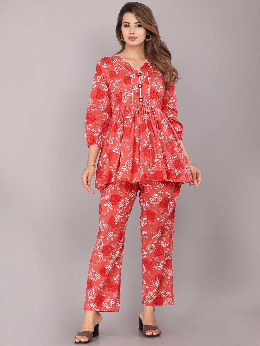 

KANNAHI Floral Printed V-Neck Gathered Pure Cotton Tunic & Trousers, Red