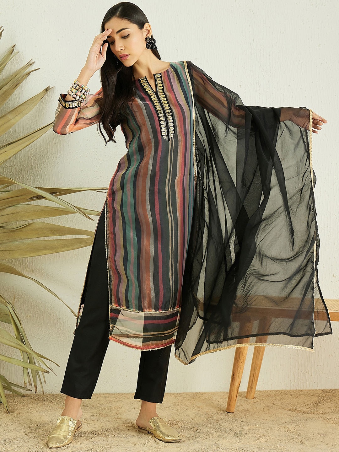 

Inddus Striped Regular Kurta with Trousers & With Dupatta, Black