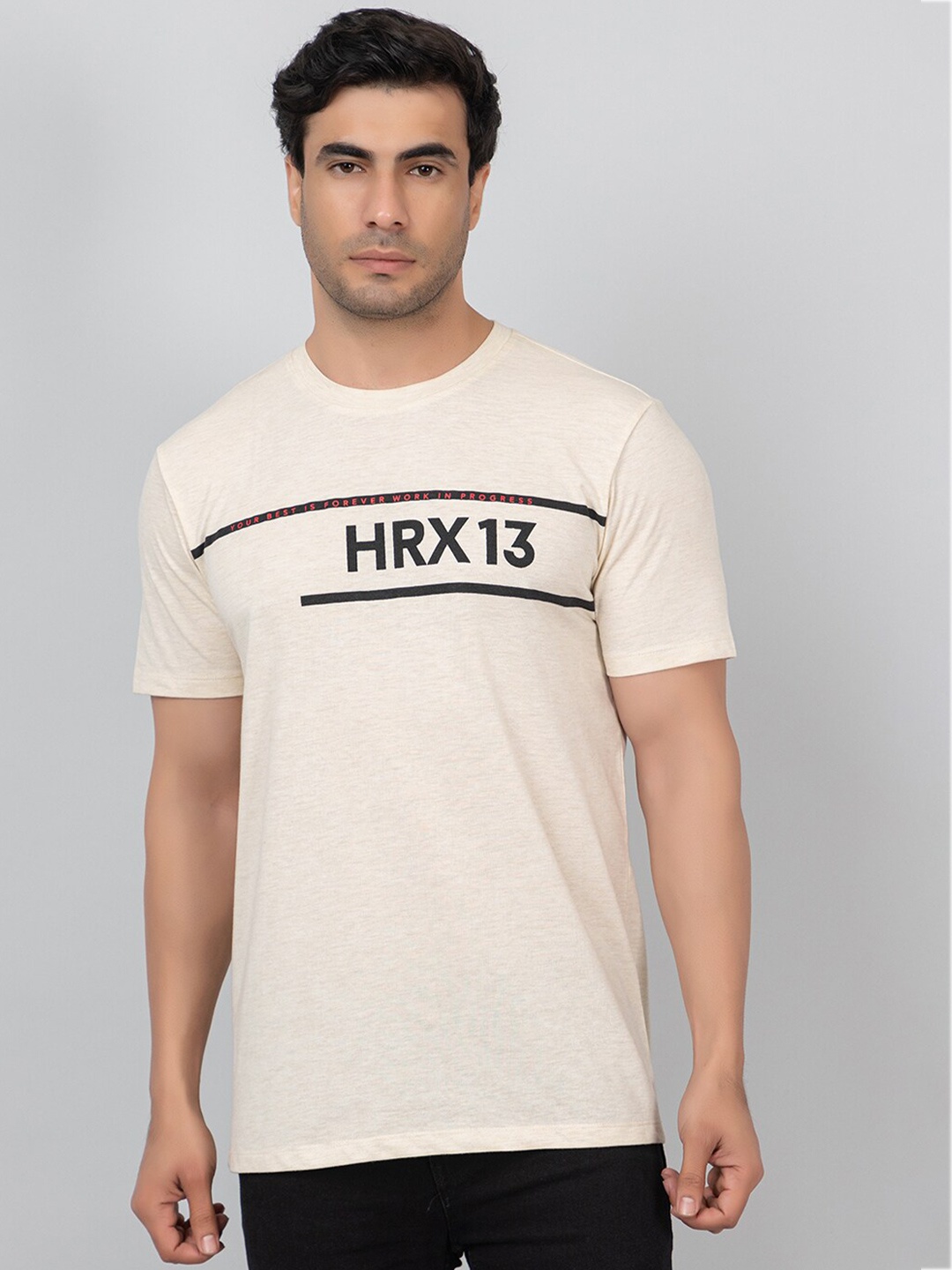 

HRX by Hrithik Roshan Cream-Coloured Typography Printed Cotton T-shirt