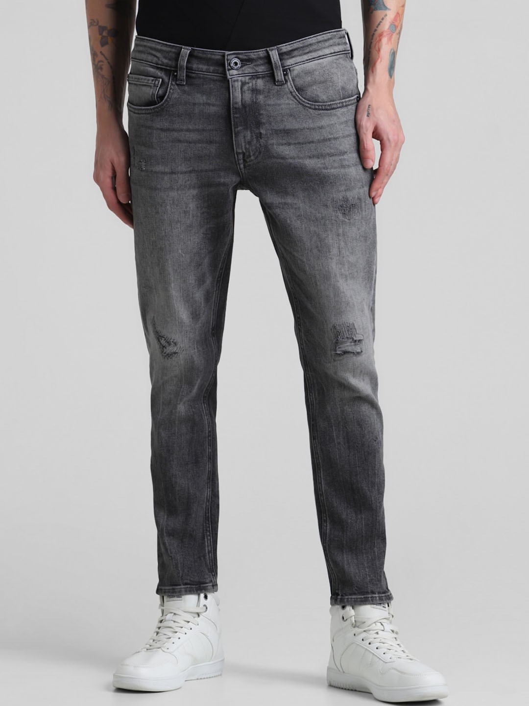 

Jack & Jones Men Slim Fit Mildly Distressed Heavy Fade Stretchable Jeans, Grey
