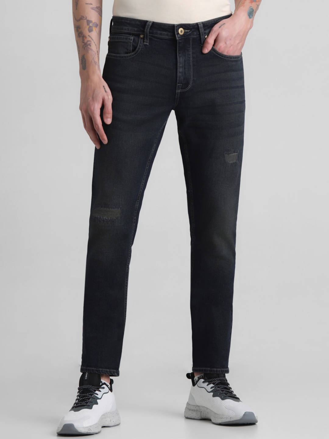 

Jack & Jones Men Slim Fit Mid-Rise Low Distress Stretchable Jeans, Blue