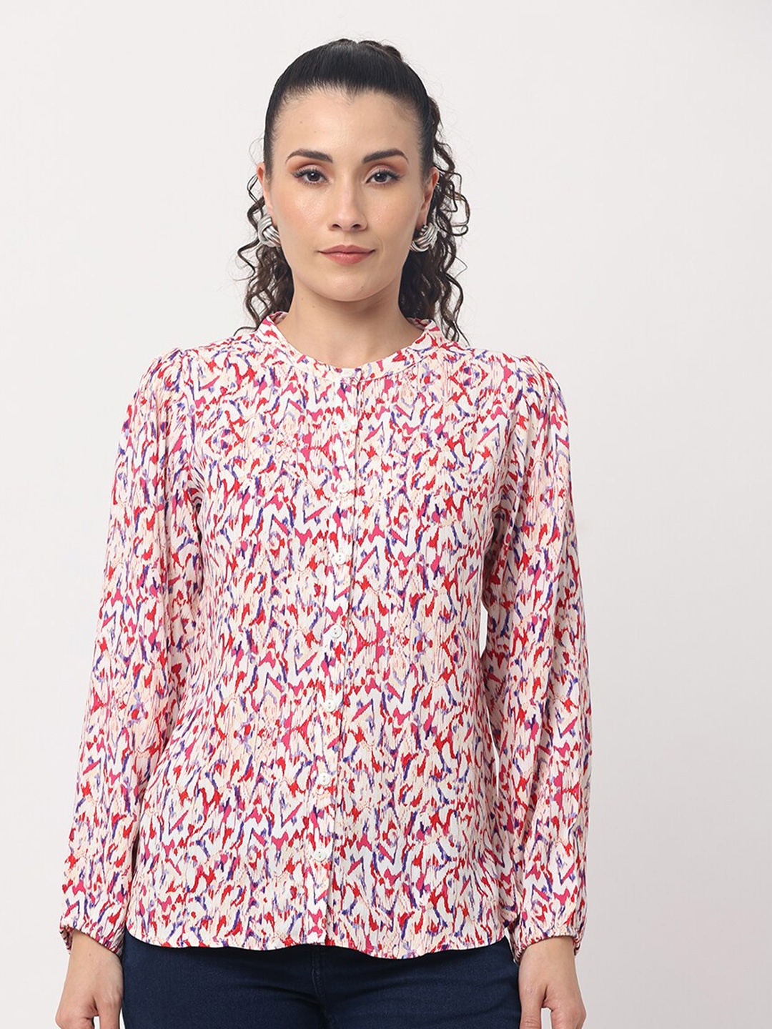 

GLORY & I Relaxed Abstract Printed Puff Sleeves Casual Shirt, White