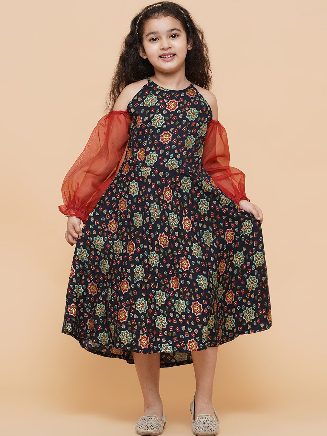 

Aks Kids Floral Print Round Neck Fit & Flare Midi Dress, Navy blue
