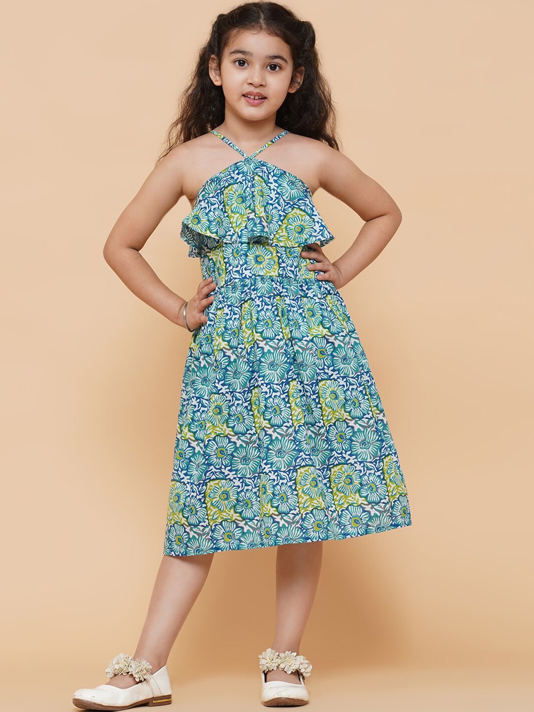 

Aks Kids Floral Print Shoulder Straps Cotton Fit & Flare Midi Dress, Blue