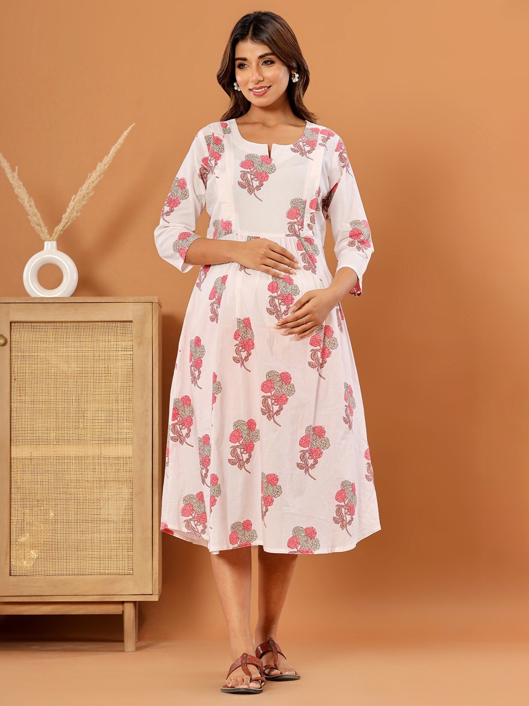 

LALI JAIPUR Floral Printed Cotton Maternity A-Line Midi Dress, White