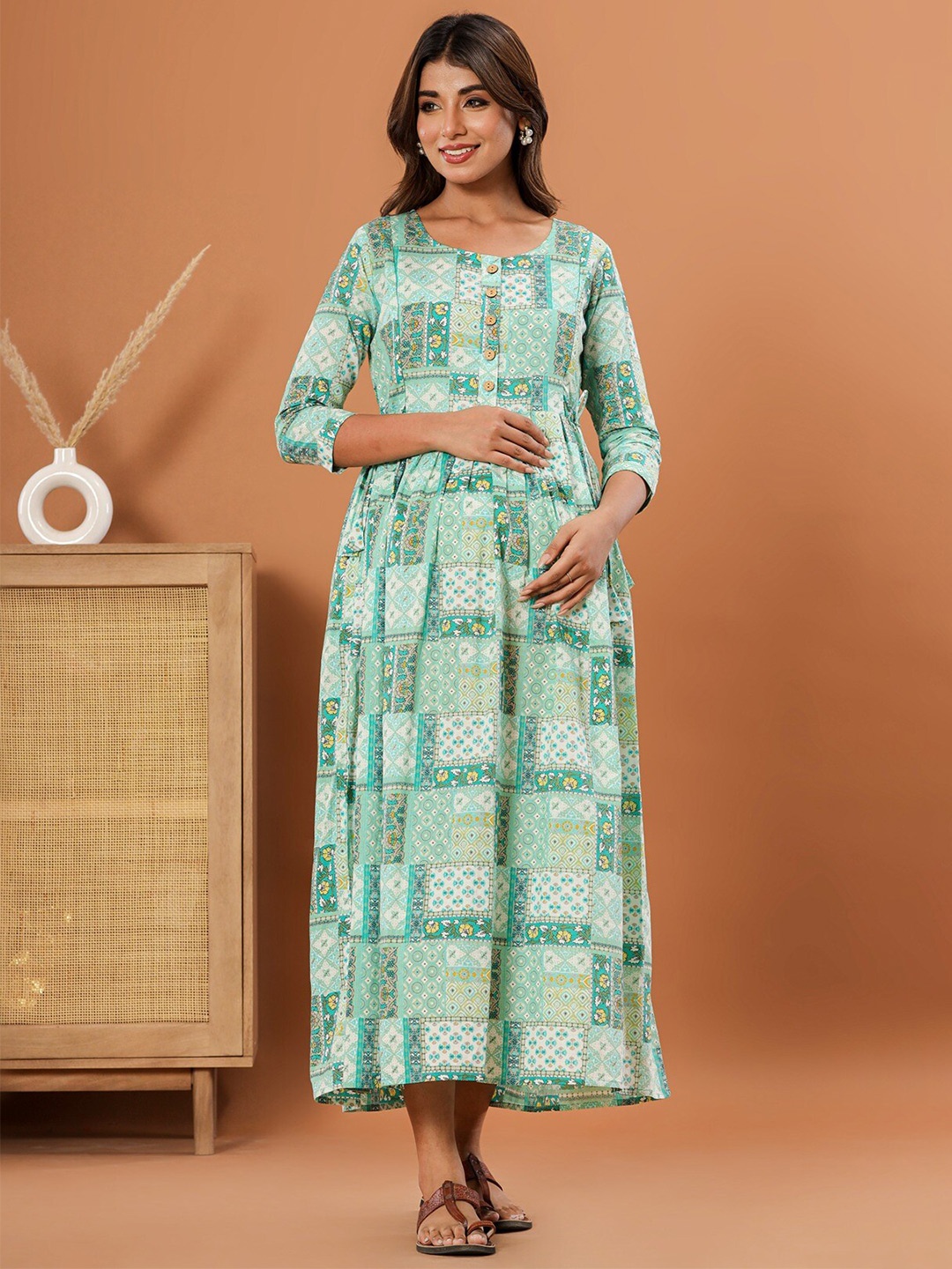 

LALI JAIPUR Printed Cotton Maternity A-Line Midi Dress, Sea green